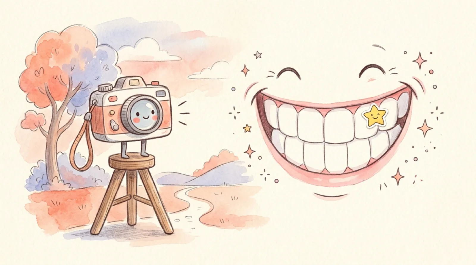 Gezeichnet: eine freundliche Kamera fotografiert ein breites Grinsen mit einem Sternchen-Sticker