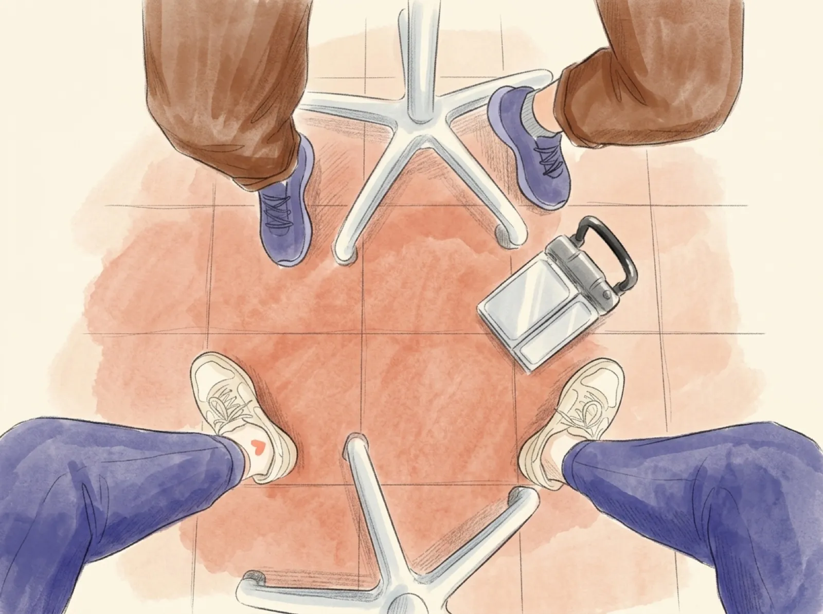 Gezeichnet, von oben: die Turnschuhe des Teams rund um den Stuhl
