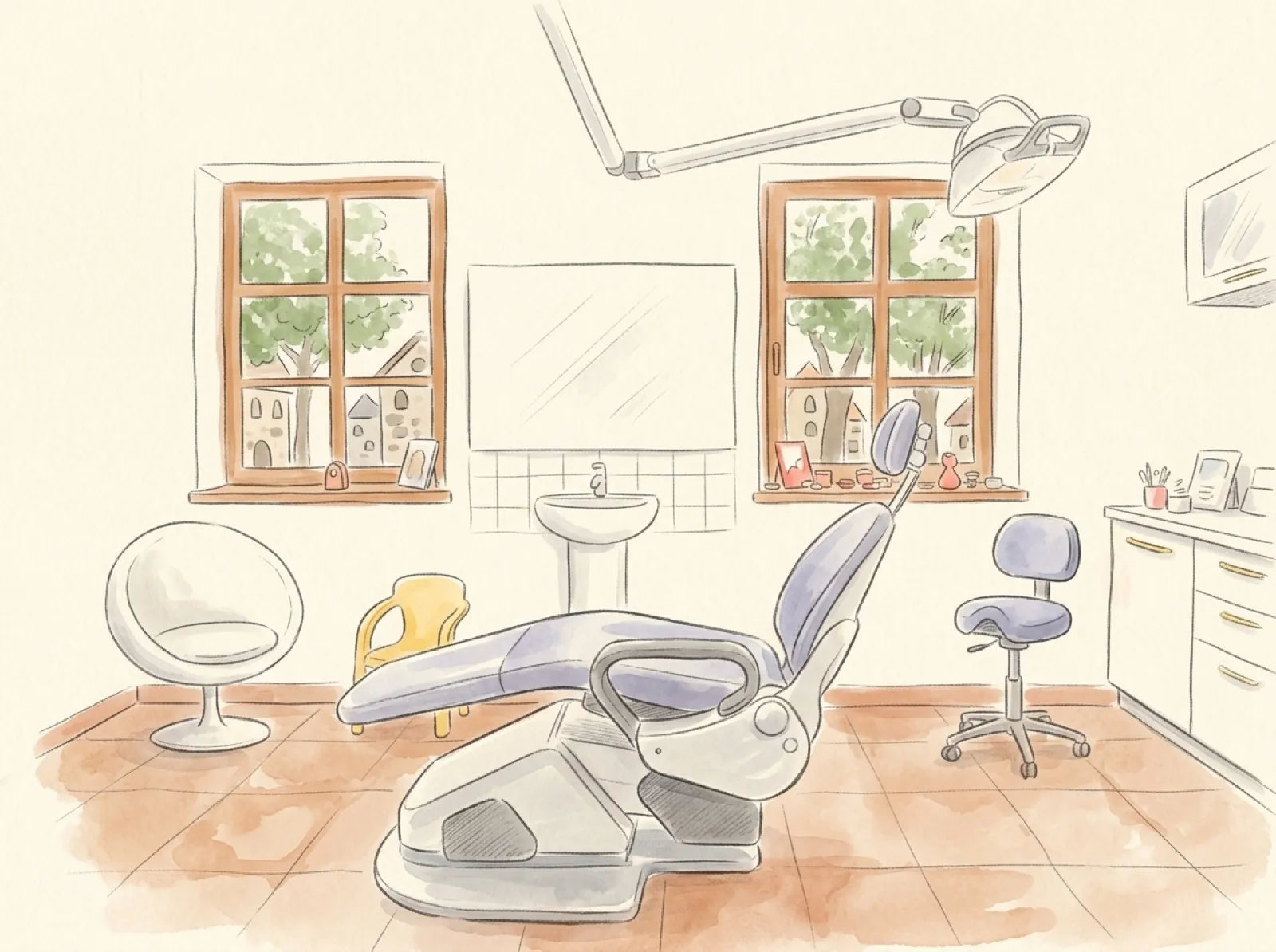 Gezeichnet: der Behandlungsstuhl mit der großen Lampe und dem kleinen gelben Stuhl daneben