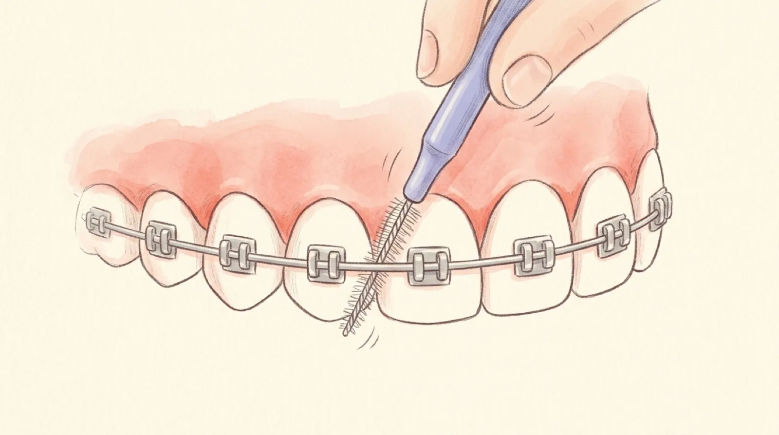Gezeichnet, von der Seite: die Interdentalbürste kommt von oben und läuft unter dem Draht zwischen zwei Brackets hindurch