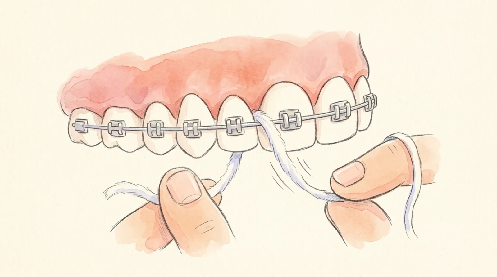 Gezeichnet, von der Seite: die Zahnseide läuft zwischen zwei Brackets unter dem Draht durch und zwischen zwei Zähnen, zwei entspannte Hände halten die Enden