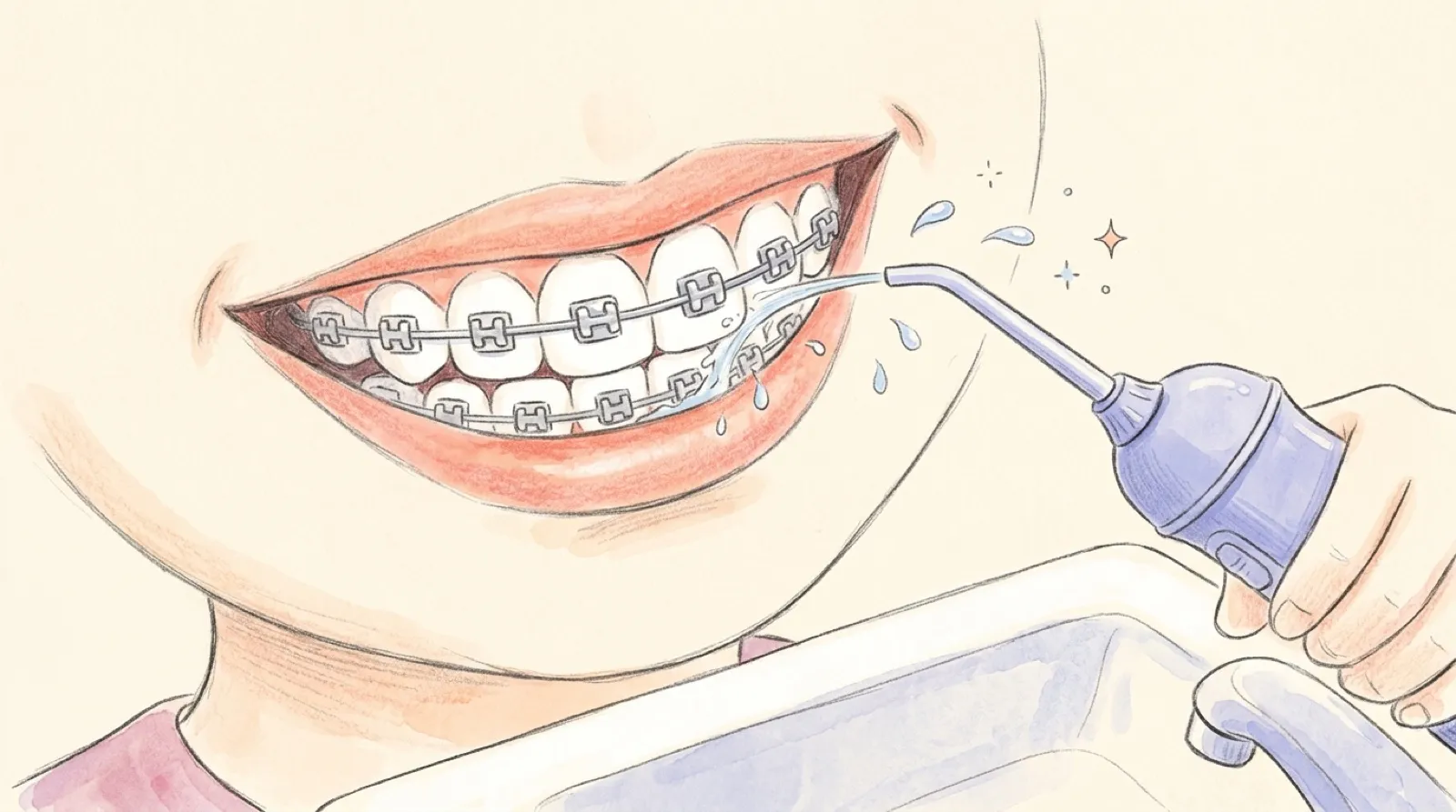 Gezeichnet: die Munddusche spült mit einem feinen Wasserstrahl die Brackets, unten das Waschbecken