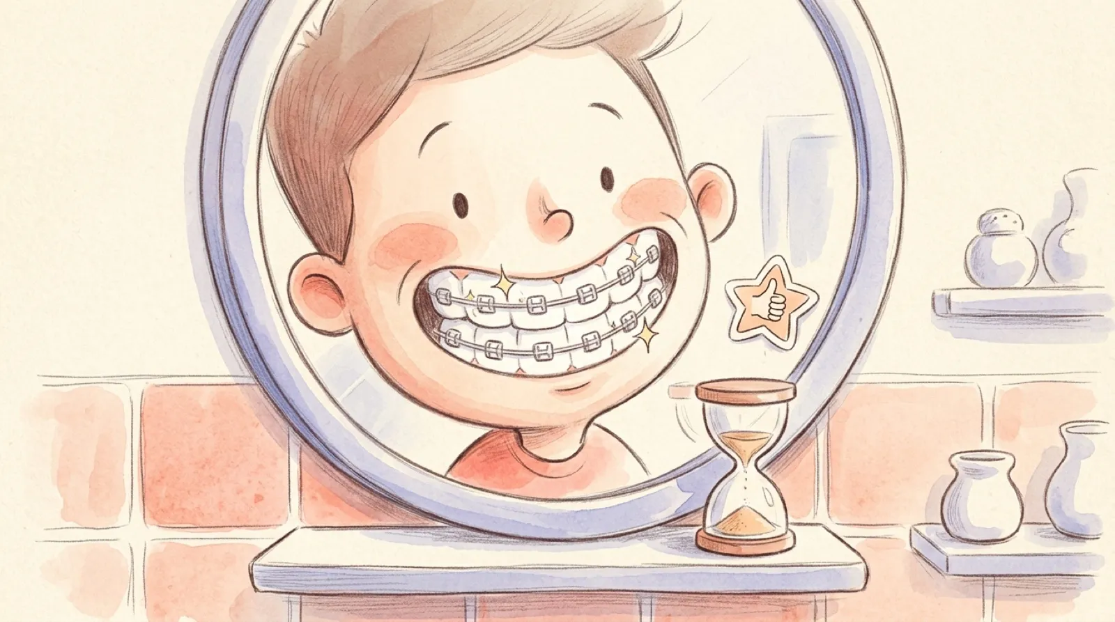 Gezeichnet: ein breites Grinsen mit glänzenden Brackets im runden Spiegel, die Sanduhr ist abgelaufen