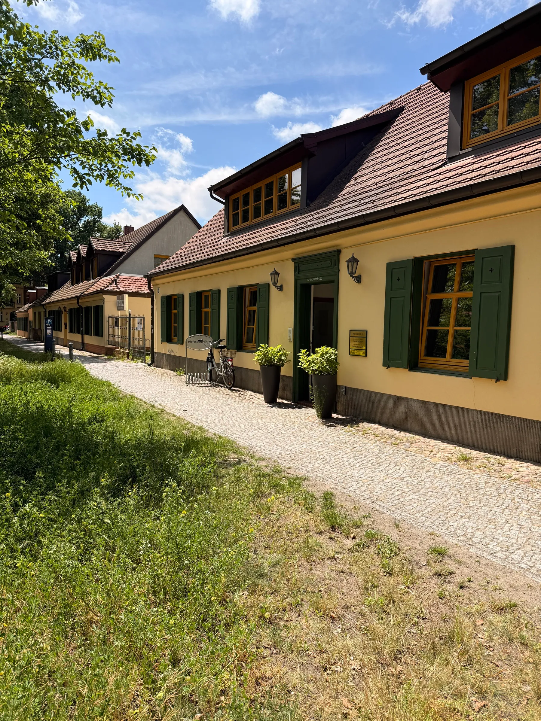 Der sommerliche Weg zur Praxis: die gelbe Fassade des Weberhauses am Weberplatz